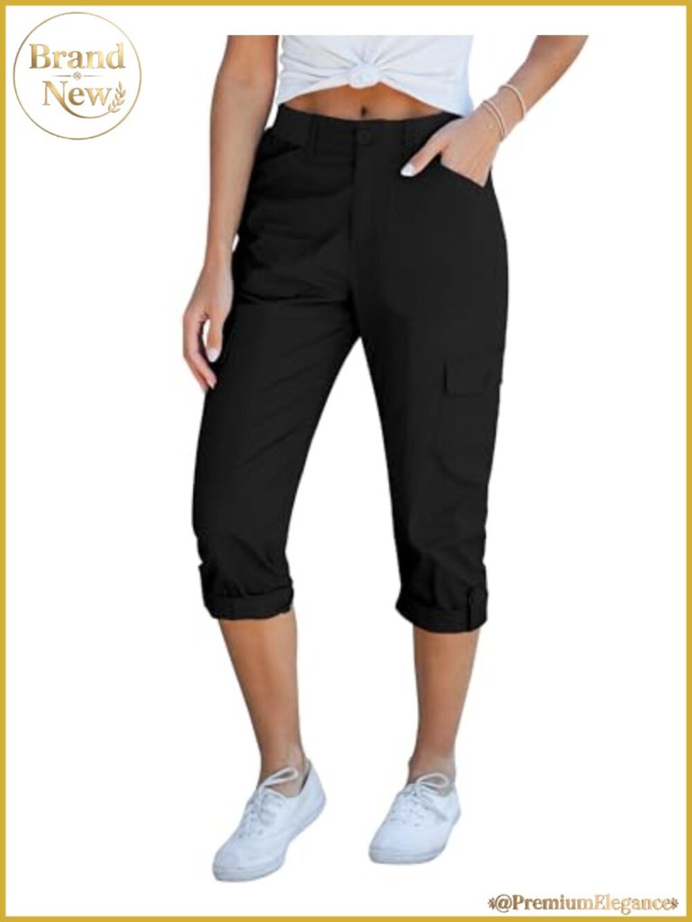 High Waisted Cargo Capri Pants for Women Stretchy Cotton Twill 6 Pockets